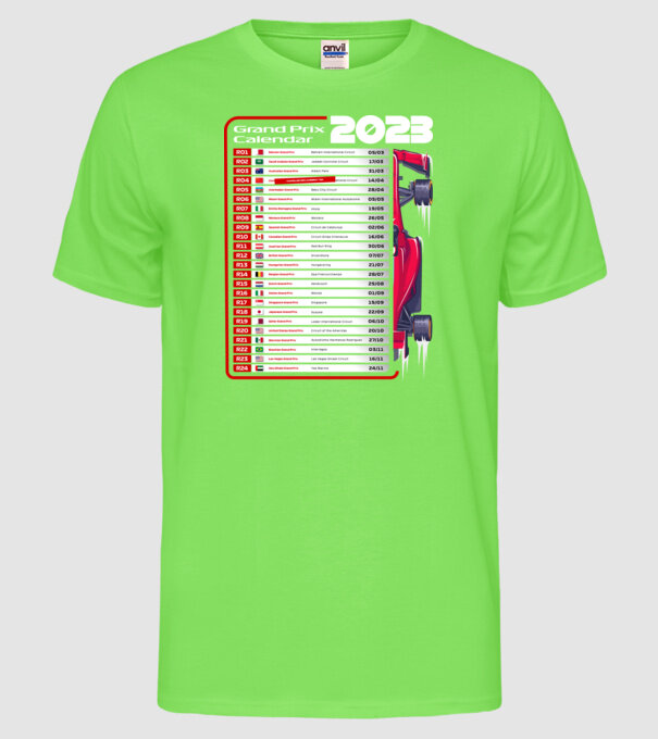 F1 Calendar TBA model verde neon pe tricou