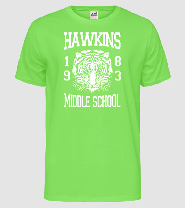 hawkins middle school 83 white model verde neon pe tricou