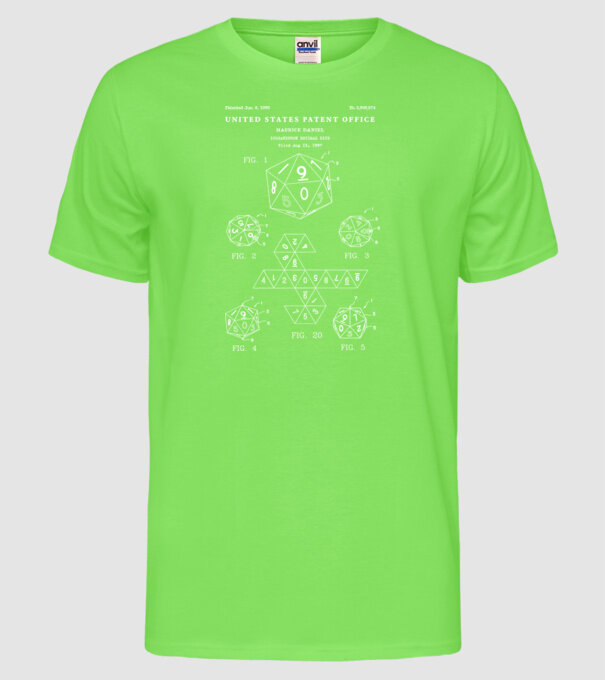 Icosahedron decimal dice patent model verde neon pe tricou