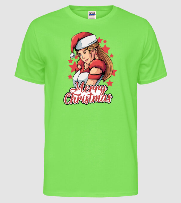 Merry christmas santa girl model verde neon pe tricou