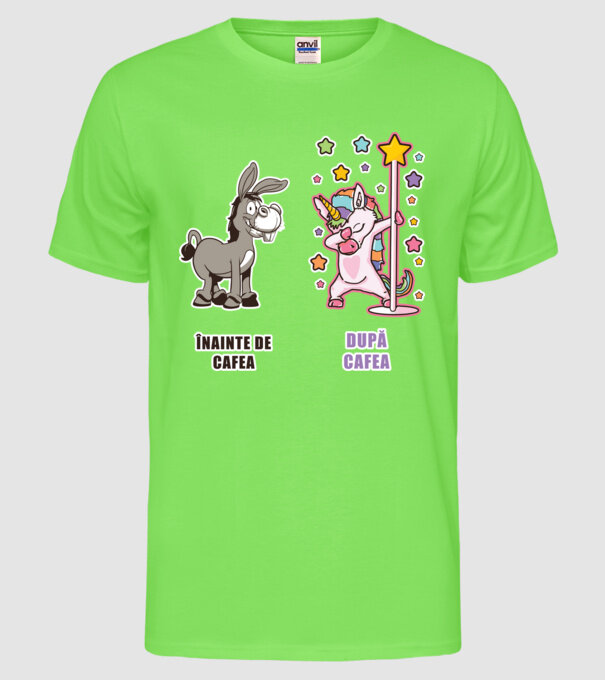 Înainte de cafea - După cafea model verde neon pe tricou