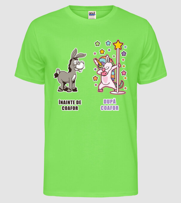 Înainte de coafor - După coafor model verde neon pe tricou