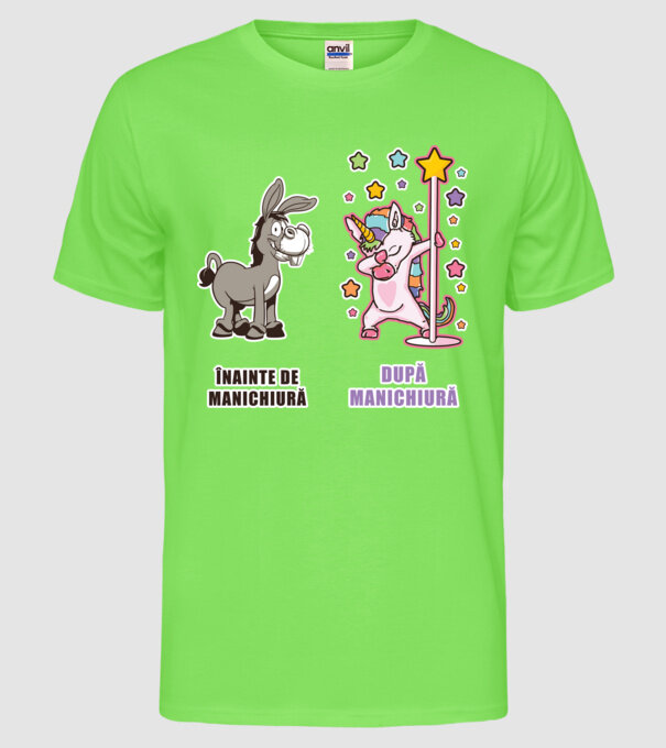 Înainte de manichiură - După manichiură model verde neon pe tricou