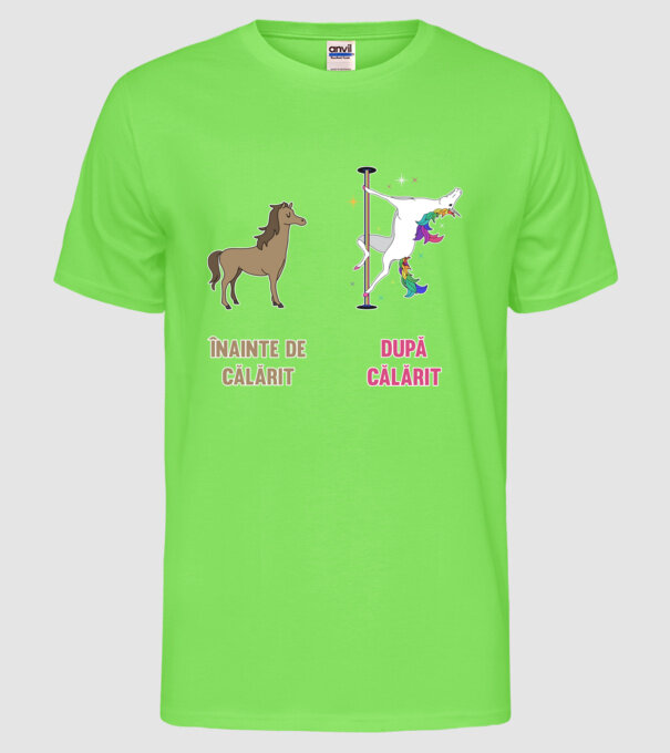 Înainte de călărit - după călărit model verde neon pe tricou