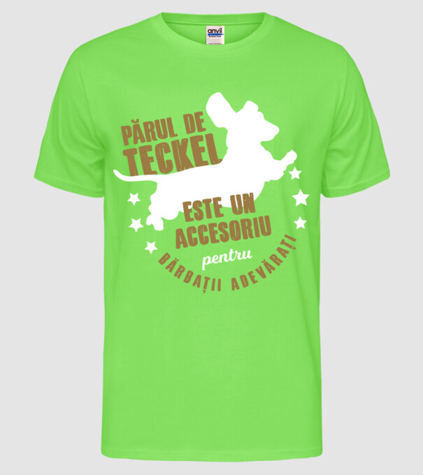 părul de teckel este un accesoriu pentru bărbații adevărați model verde neon pe tricou