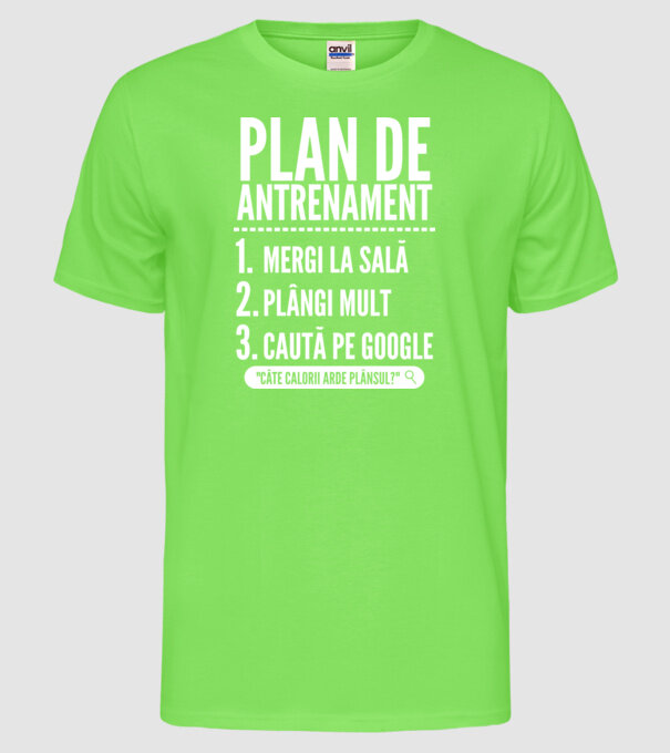 plan de antrenament mergi la sală, plângi mult, caută pe Google x model verde neon pe tricou