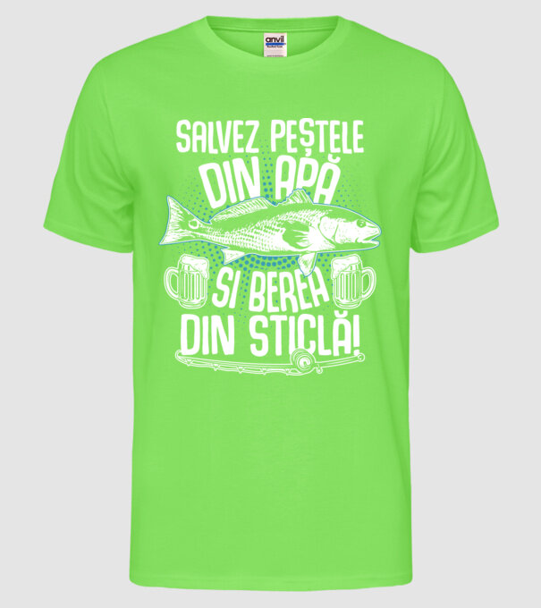 salvez peștele din apă și berea din sticlă model verde neon pe tricou