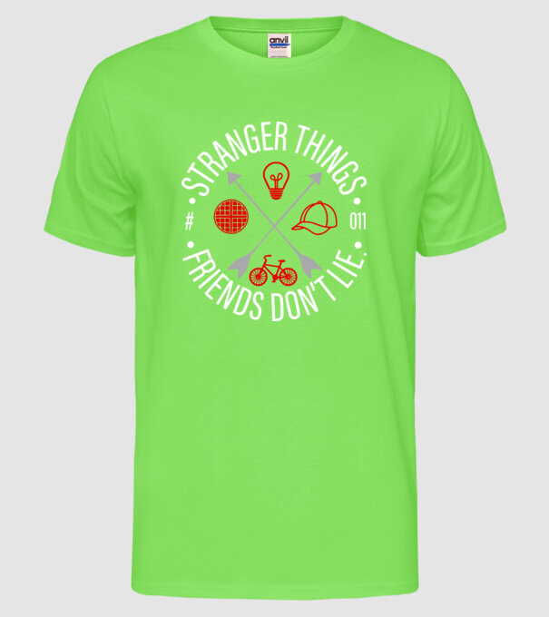 stranger things friends dont lie model verde neon pe tricou