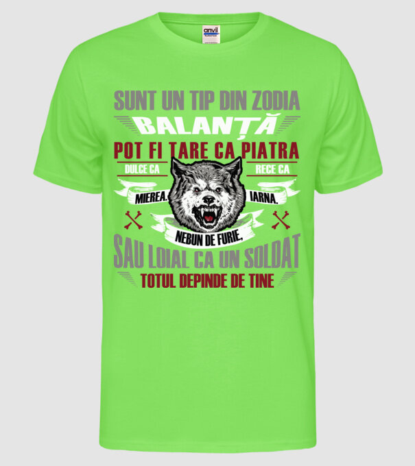 Sunt un tip din zodia Balanță model verde neon pe tricou