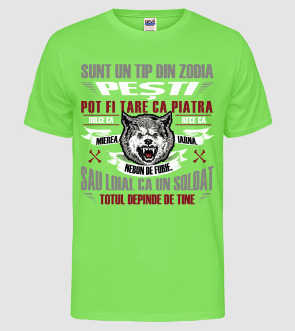 Sunt un tip din zodia Pești model verde neon pe tricou