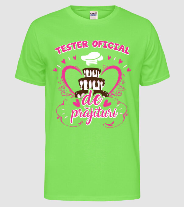 tester oficial de prăjituri model verde neon pe tricou