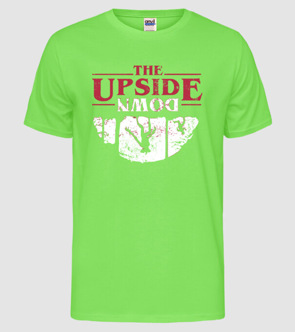 the upside down logo model verde neon pe tricou