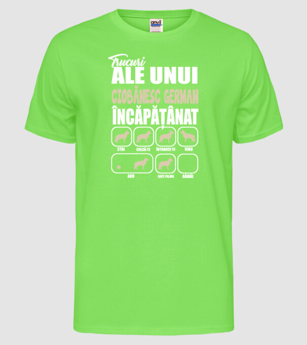 trucuri ale unui ciobănesc german încăpățânat stai, culcă-te, întoarce-te, vino, adu, bate palma, rămâi model verde neon pe tricou
