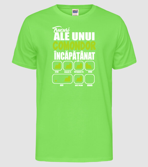 trucuri ale unui comondor încăpățânat stai, culcă-te, întoarce-te, vino, adu, bate palma, rămâi model verde neon pe tricou