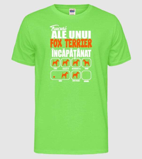 trucuri ale unui fox terrier încăpățânat stai, culcă-te, întoarce-te, vino, adu, bate palma, rămâi model verde neon pe tricou