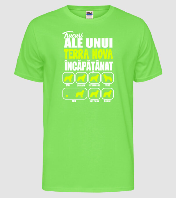 trucuri ale unui Terra Nova încăpățânat stai, culcă-te, întoarce-te, vino, adu, bate palma, rămâi model verde neon pe tricou