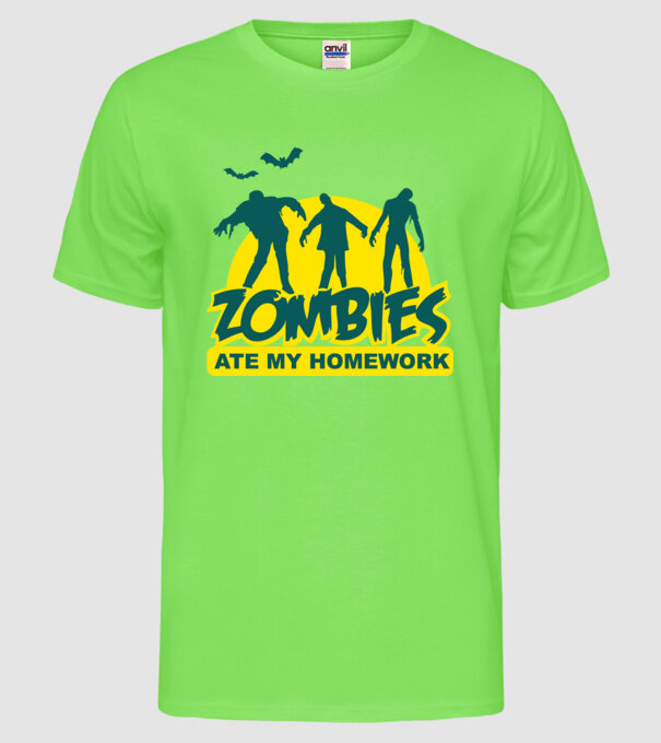 Zombies ate my homework model verde neon pe tricou