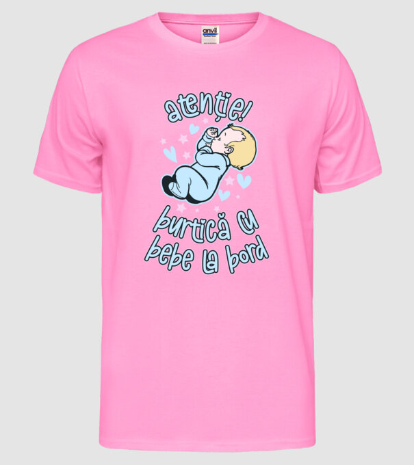 atenție! burtică cu bebe la bord model roz neon pe tricou