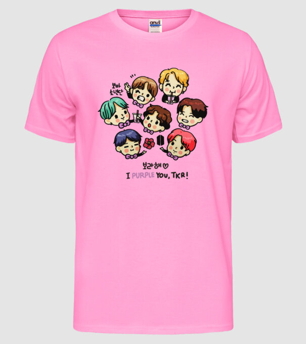 BTS chibi model roz neon pe tricou