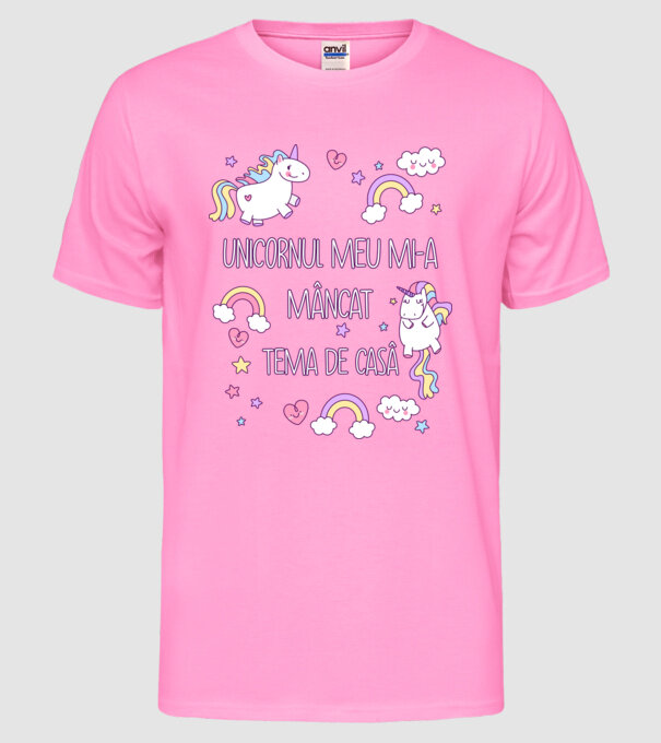 Unicornul meu mi-a mâncat tema de casă model roz neon pe tricou
