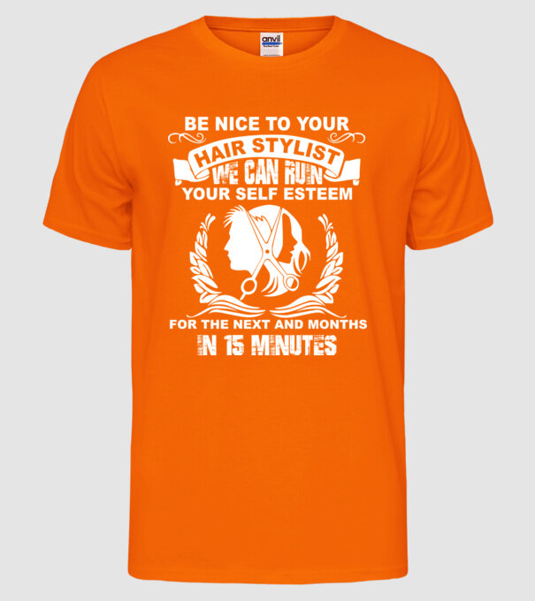 Be nice to your hair stylist model portocaliu neon pe tricou