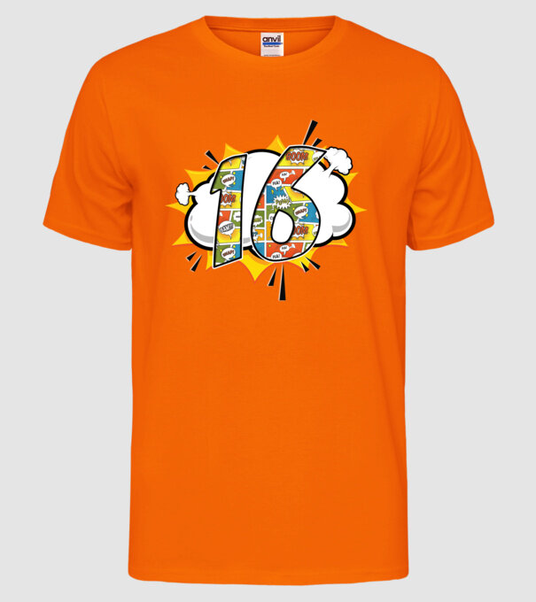 Birthday Comic Number 16 model portocaliu neon pe tricou