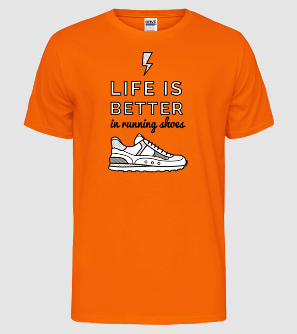 Life is better running shoes model portocaliu neon pe tricou