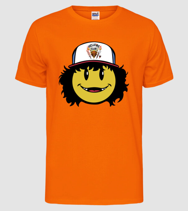 dustinhappyface model portocaliu neon pe tricou