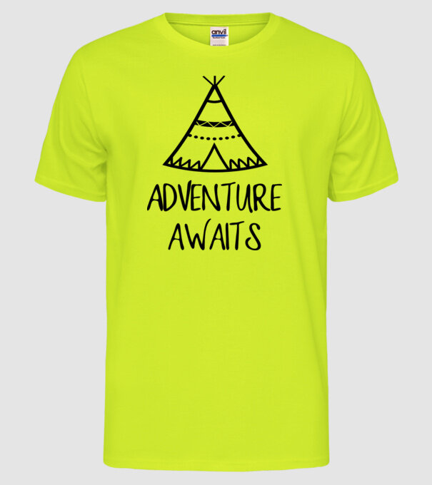 Adventure awaits teepee model galben neon pe tricou
