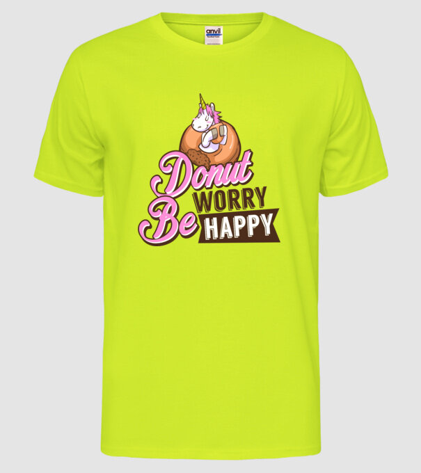 Donut worry be happy model galben neon pe tricou