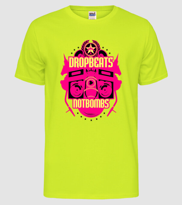 Drop Beats Not Bombs model galben neon pe tricou