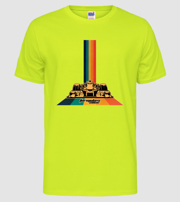 f1 retro car model galben neon pe tricou
