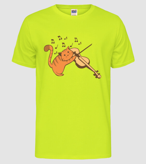 Pisică cântă la vioară model galben neon pe tricou