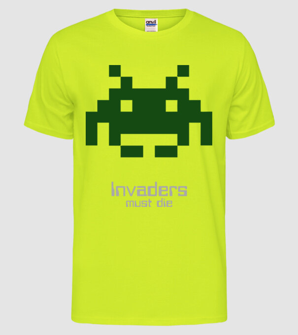 Invaders Must Die model galben neon pe tricou