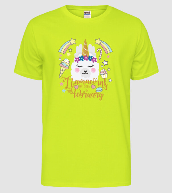 Llamacorns are born in February model galben neon pe tricou