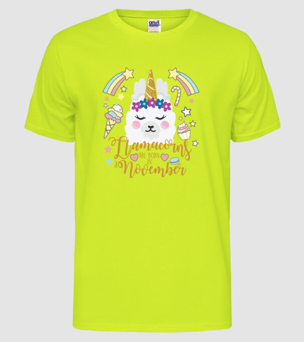 Llamacorns are born in November model galben neon pe tricou
