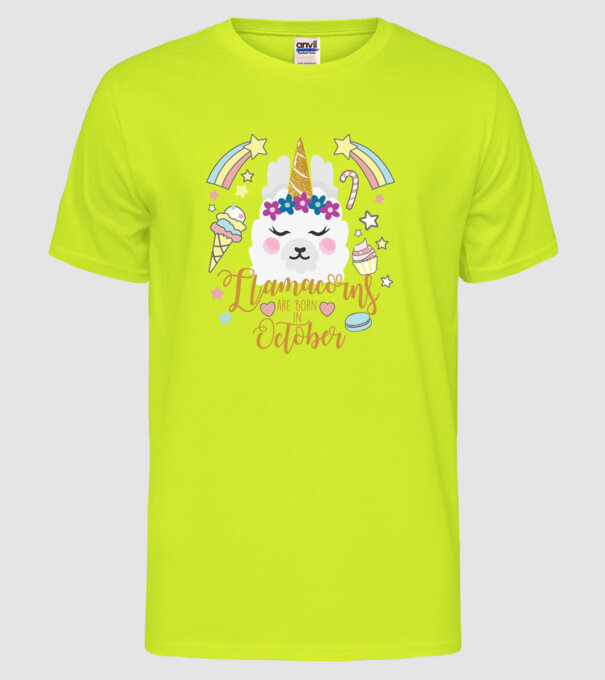 Llamacorns are born in October model galben neon pe tricou