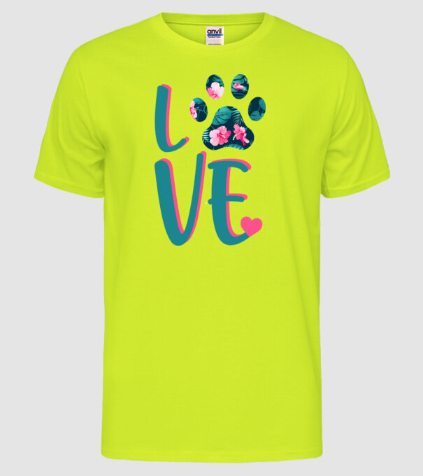 LOVE CÂINI model galben neon pe tricou