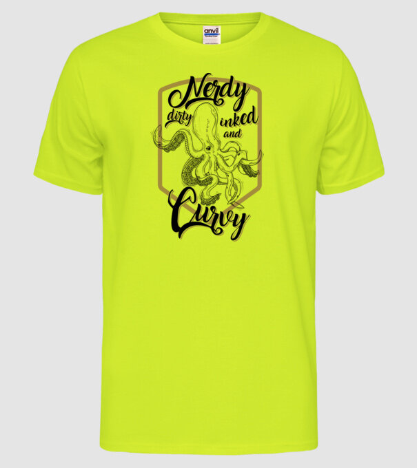Nerdy, dirty, inked and curvy model galben neon pe tricou