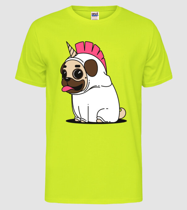 Pug Unicorn model galben neon pe tricou