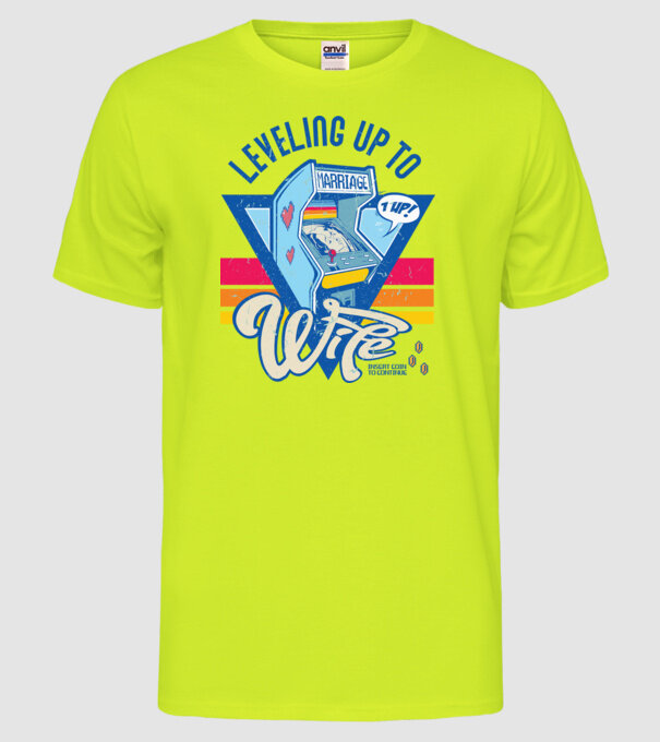 Retro gamer engaged level up to wife model galben neon pe tricou