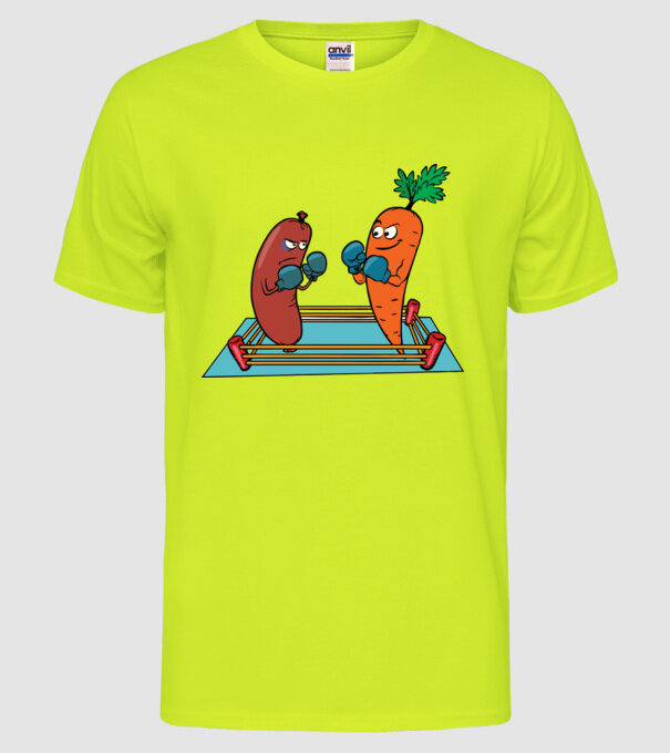sausage vs carrot model galben neon pe tricou