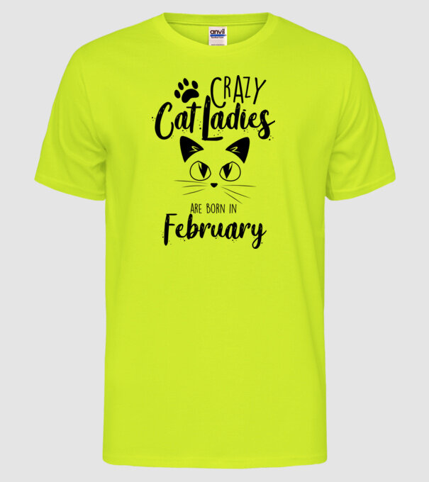 Crazy Cat Ladies are born in February model galben neon pe tricou