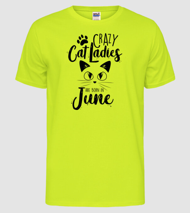 Crazy Cat Ladies are born in June model galben neon pe tricou