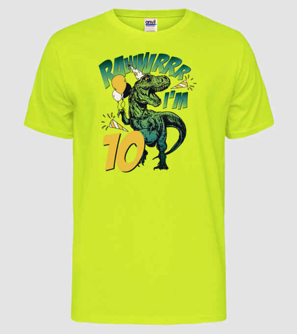'Birthday Dinosaur rawww i''m 10' model galben neon pe tricou