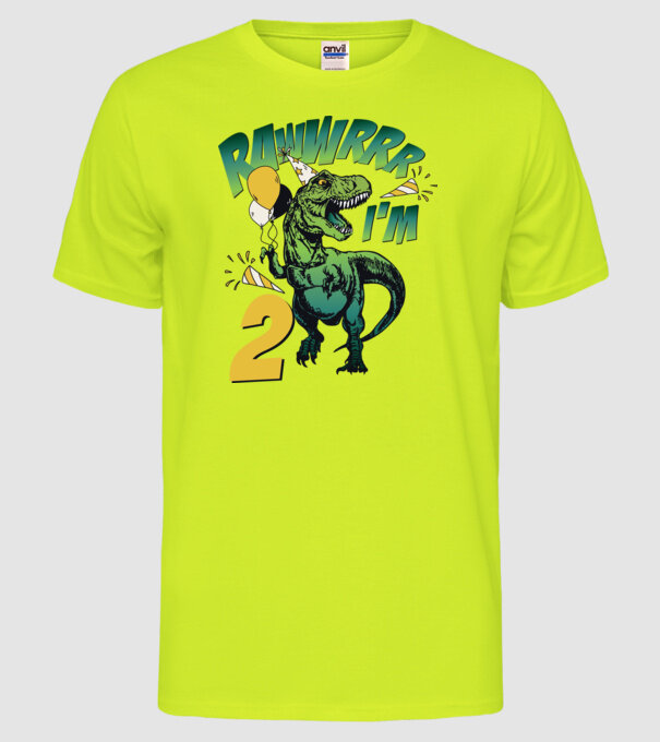 'Birthday Dinosaur rawww i''m 2' model galben neon pe tricou