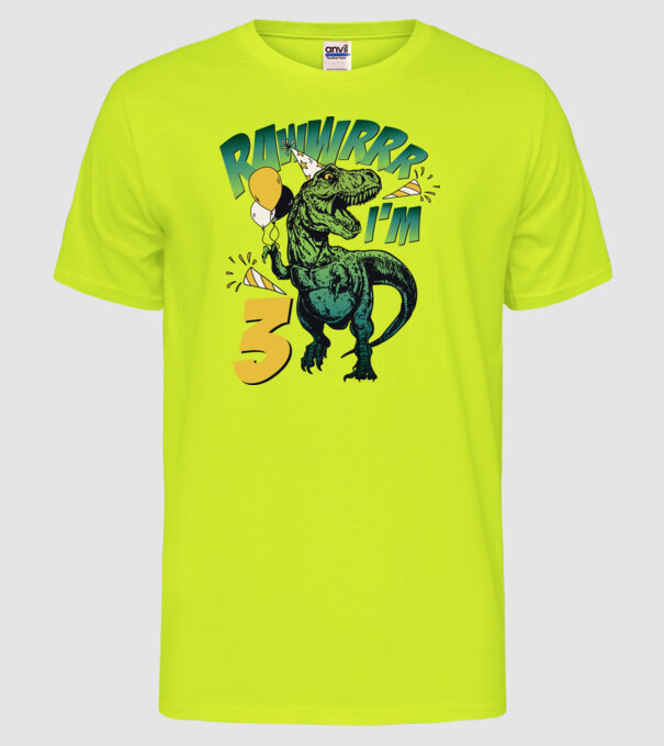 'Birthday Dinosaur rawww i''m 3' model galben neon pe tricou