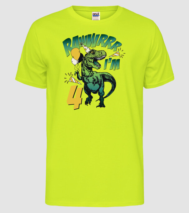 'Birthday Dinosaur rawww i''m 4' model galben neon pe tricou