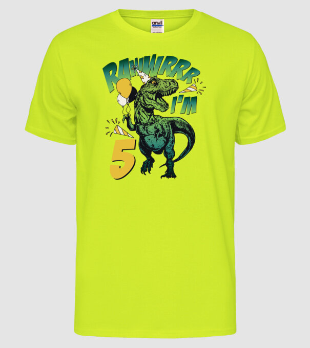 'Birthday Dinosaur rawww i''m 5' model galben neon pe tricou