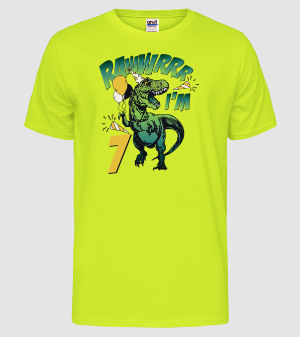 'Birthday Dinosaur rawww i''m 7' model galben neon pe tricou